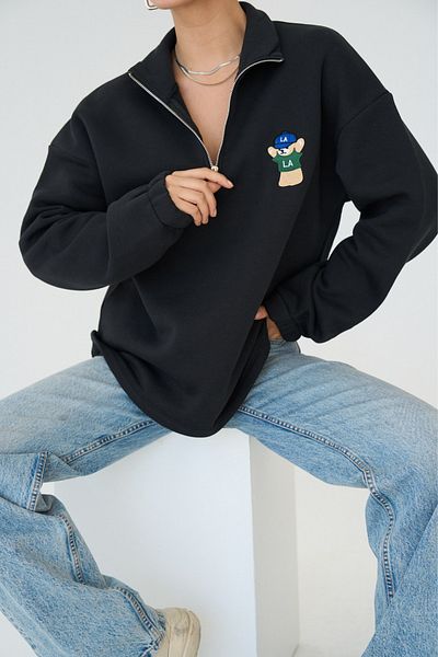 motina Women's Black Zipper Collar Teddy Embroidery Detailed Oversize Basic Sweatshirt