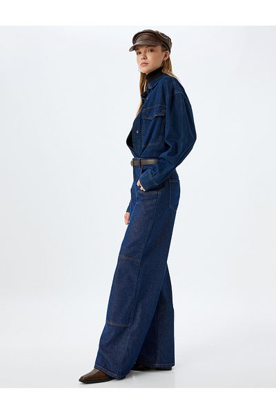 Koton Jeans mit weitem Bein, Nähte, detaillierte Taschen, Knöpfe, normale Taille – Jeans mit weitem Bein