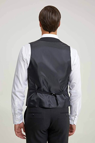 Tween Slim Fit Siyah Düz Yünlü Kruvaze Yelek