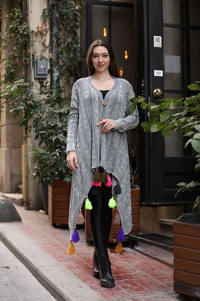 AYASOFYA OTANTIK Women's Gray Ethnic Authentic Patterned Tassel Detailed Antique Loose Oversize Cotton Knitwear Long Cardigan