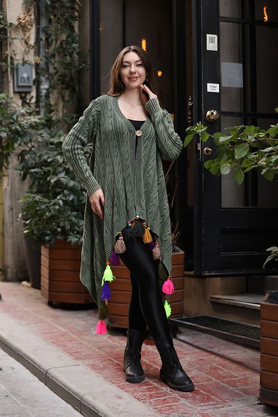 AYASOFYA OTANTIK Women's Khaki Ethnic Authentic Patterned Tassel Detailed Antique Loose Oversize Cotton Knitwear Long Cardigan