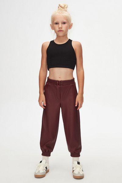 LOVETTI Burgundy Girls' Winter Leather Pants with Snap Fastener and Drawstring