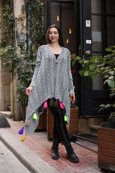 AYASOFYA OTANTIK Women's Gray Ethnic Authentic Patterned Tassel Detailed Antique Loose Oversize Cotton Knitwear Long Cardigan