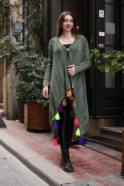 AYASOFYA OTANTIK Women's Khaki Ethnic Authentic Patterned Tassel Detailed Antique Loose Oversize Cotton Knitwear Long Cardigan