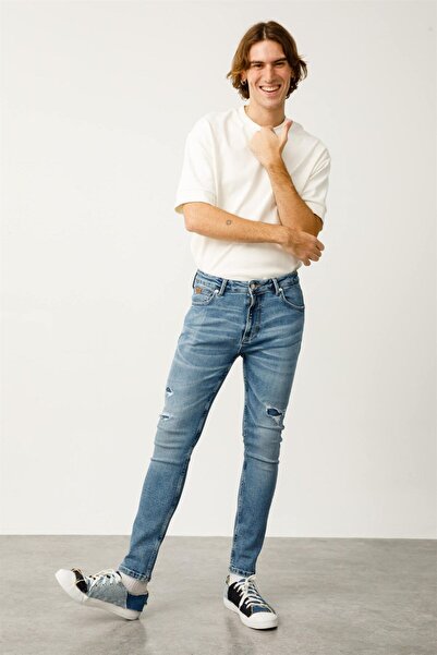 Denim Trip ETHAN Skinny Fit Patchli Açık İndigo Erkek Jean Pantolon