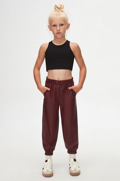 LOVETTI Burgundy Girls' Winter Leather Pants with Snap Fastener and Drawstring