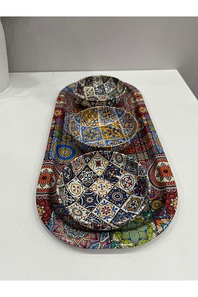 ADOR TASARIM Bohemian Pattern Snack Bowl with Metal Tray