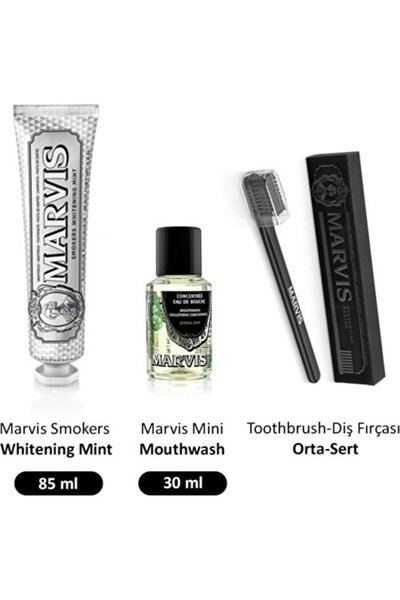 Marvis Smokers Whitening Mint Diş Macunu 85 ml Diş Fırçası Medium Konsantre 30 ml Gargara