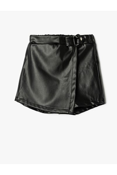 Koton Leather Look Elastic Waist Shorts Skirt - Buckle Detailed
