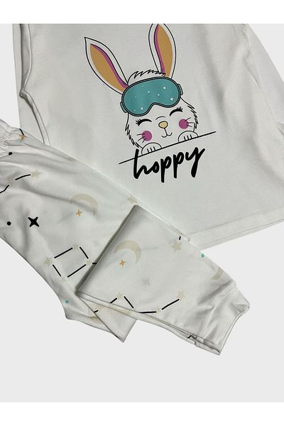 elmas kids Girl's 100% Cotton White Rabbit Patterned Long Sleeve Pajama Set