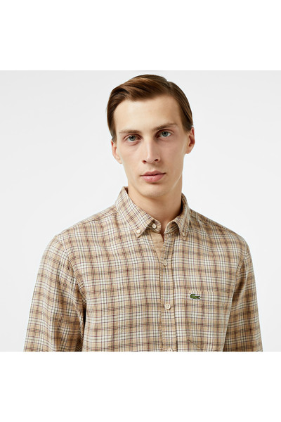 Lacoste Erkek Regular Fit Düğmeli Yaka Ekose Kahverengi Gömlek