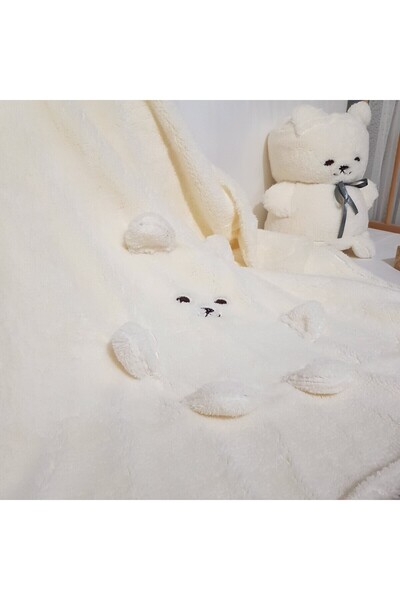 bebek_iklimi Soft Plush Cream Blanket - with Teddy Bear, Best Birth Gift