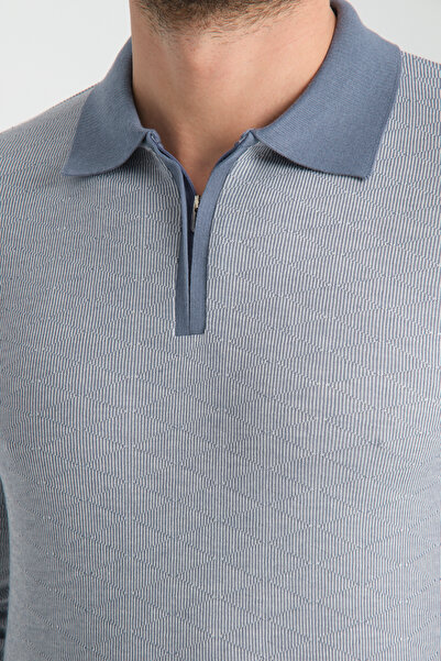 GW ASAU Чоловічий трикотажний светр з довгими рукавами, застібкою-блискавкою, коміром-поло та рельєфною фактурою - Синій