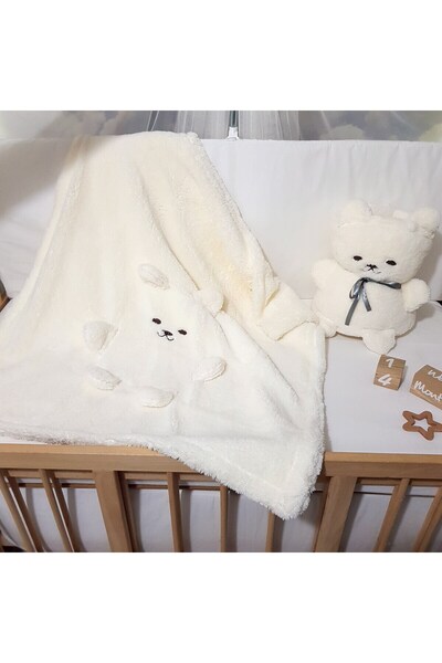 bebek_iklimi Soft Plush Cream Blanket - with Teddy Bear, Best Birth Gift