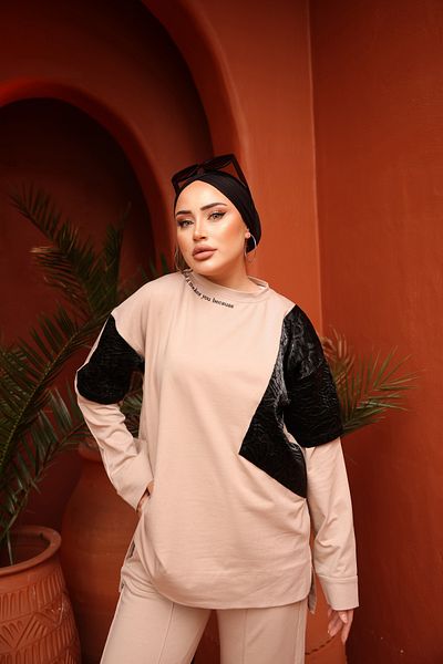 MİMİ Luxury Wear Γυναικεία αθλητική φόρμα 100% Γκρι Βαμβακερή Μπεζ Hijab Γυναικεία Σετ