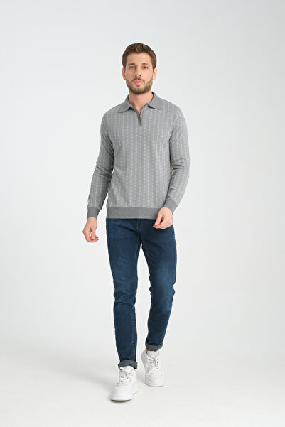 GW Apia Чоловічий трикотажний светр з довгими рукавами, коміром-поло, застібкою-блискавкою та рельєфною фактурою