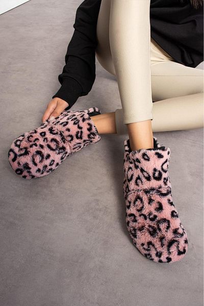Behtah Kundura Γυναικεία παπούτσια με στάμπα Leopard - Μάλλινες, χοντρές ελαφριές μπότες για το σπίτι