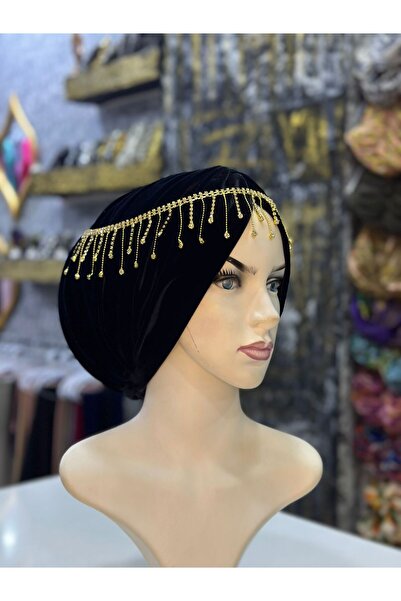 zagreus Kadın kadife siyah taşlı büzgülü bone