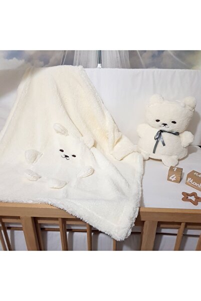 bebek_iklimi Soft Plush Cream Blanket - with Teddy Bear, Best Birth Gift