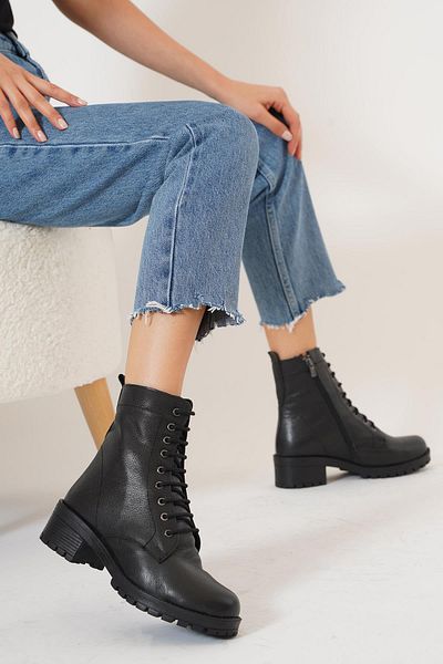 Moda Pie Teves Γνήσιες Δερμάτινες Μαύρες Γυναικείες Μπότες - Flat Tied