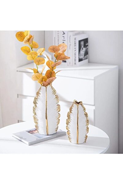 TAŞDEVRİLIFE 2'li Dekoratif Beyaz Altın Yaprak Vazo Seti