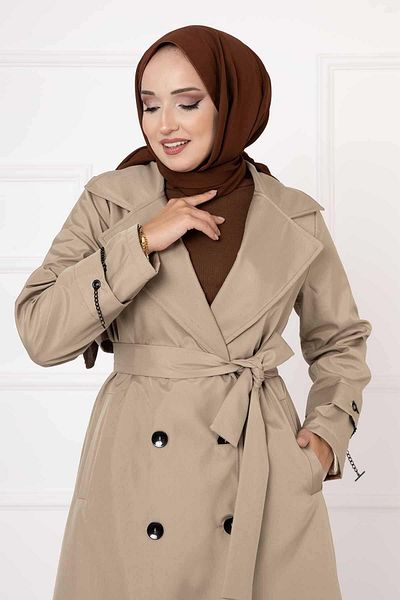 MonaModda Mink Colored Trench Coat - Chain Accessory Detailed and Lined