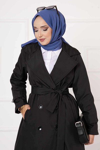 MonaModda Black Chain Accessory Detailed Lined Trench Coat