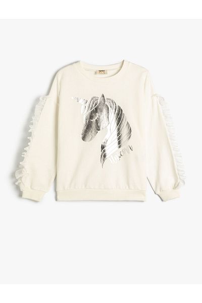 Koton Sweatshirt Long Sleeve Shiny Unicorn Printed Tassel Detailed Cotton