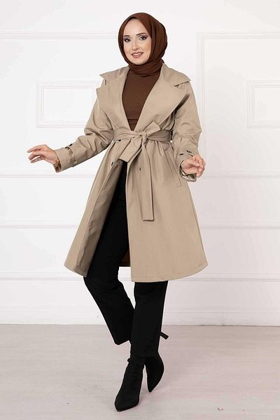 MonaModda Mink Colored Trench Coat - Chain Accessory Detailed and Lined