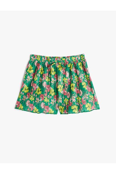 Koton Floral Shorts Pleated Bow Detail Elastic Waist