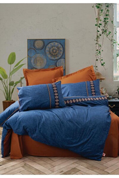 Cotton Box Folk Art Double Duvet Cover Set Lusso Navy Blue