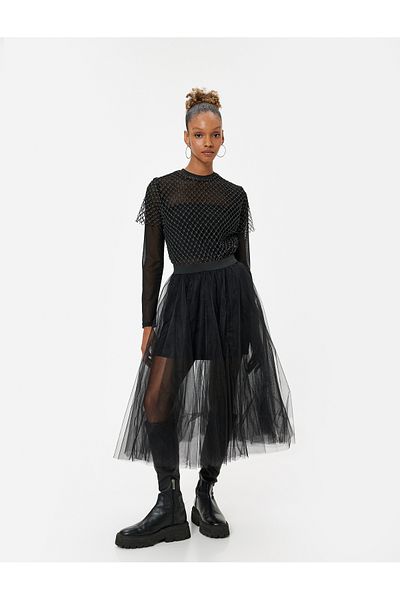 Koton Midi Tutu Skirt A-Line Glittery Elastic Waist Mini Lined Comfortable Fit