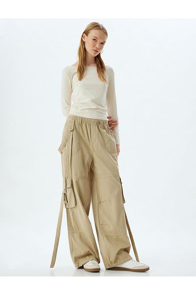 Koton Cotton Cargo Pants - Elastic Waist and Pocket Detail