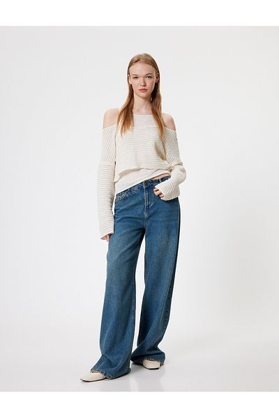 Koton Crochet Textured Long Sleeve T-Shirt - Window Detail, Crew Neck, Comfortable Fit