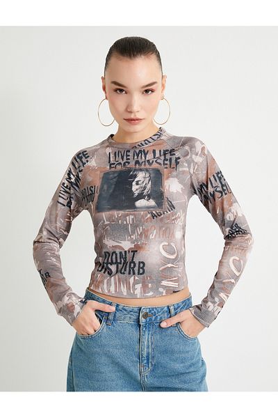 Koton Printed Long Sleeve T-shirt Crew Neck Slim Fit