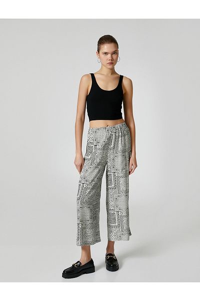 Koton Pantaloni cu picior largi, cu croiala relaxată, cu model geometric, talie elastică, amestec de țesătură din viscoză