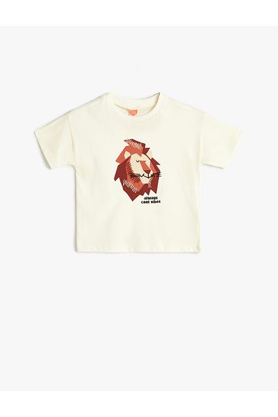 Koton Lion Printed Cotton Short Sleeve T-Shirt - Crew Neck