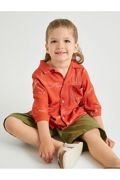 Koton Viscose Fabric - Short Sleeve Shirt with Single Pocket and Print Detail