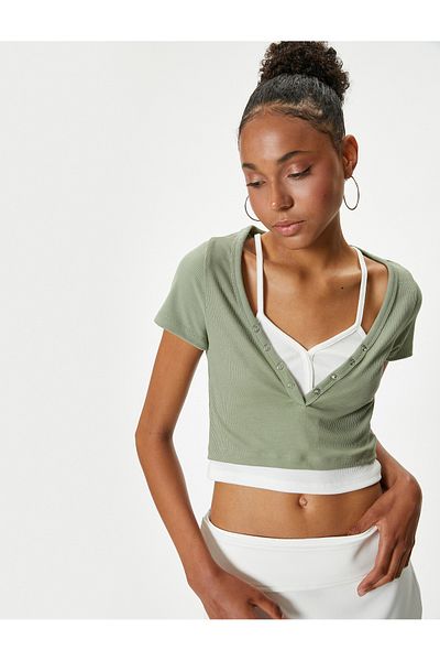 Koton V-Neck Camisole Crop T-Shirt - Buttoned, Short Sleeve