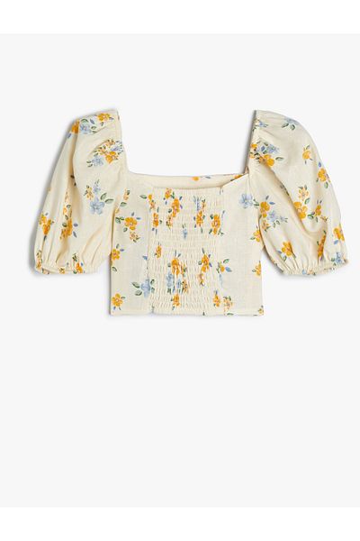 Koton Linen Crop Blouse - Floral Square Collar and Gipe Detail