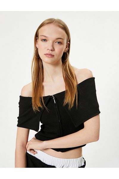 Koton Tricou fără umăr, cu fermoar, mânecă scurtă, cu detaliu pliat, țesătură vâscoasă