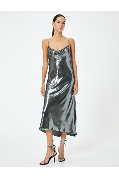 Koton Parlak Metalik Midi Abiye Elbise İnce Askılı Degaje Yaka