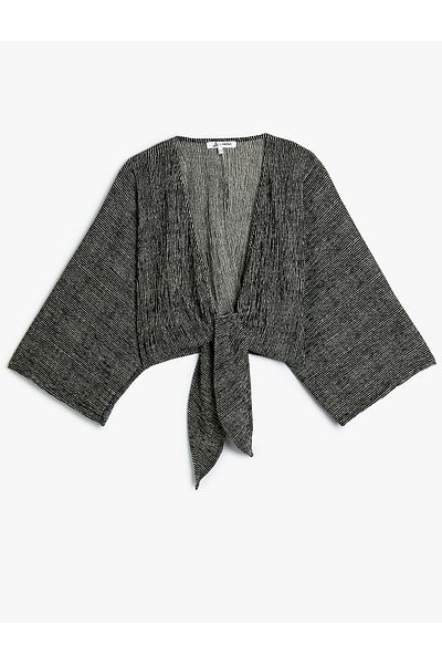 Koton V-Neck Crop Cardigan - Wrap Tie Detail, Bat Sleeve