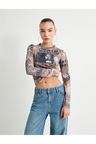 Koton Printed Long Sleeve T-shirt Crew Neck Slim Fit