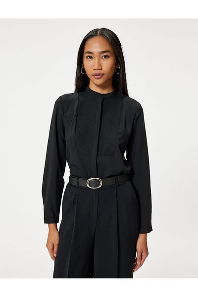 Koton Satin Shirt - Collarless, Long Sleeve, Two Different Fabric Uses