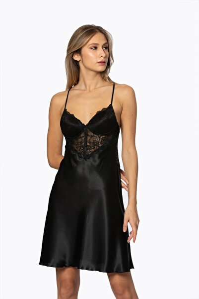 Pierre Cardin Saten Dantelli Kadın Gecelik - 680 Siyah