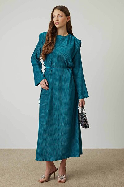 Hooopstore Petrol Color Textured and Detailed Satin Dress