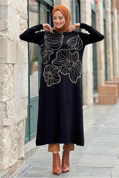 TRENDTESETTÜR Black-Gold Long Knitwear Tunic Women's - t 19181