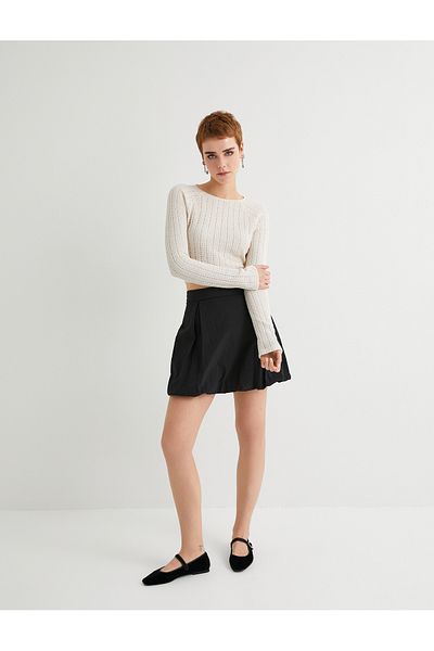 Koton Openwork Crop T-Shirt Long Sleeve Crew Neck Back Tie Detail