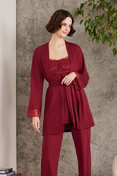 Pierre Cardin Lacy Combed Cotton 3-Piece Maternity Pajama Set - 2805 Claret Red